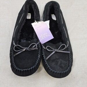 Stars Above Black Genuine Suede Moccasin Slippers with Faux Fur Lining Size 11